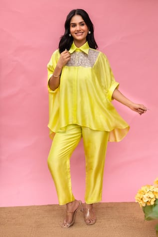 Meher By Islie Yellow Printed Pant Set With Bustier 