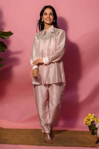 Meher By Islie Peach Hand Embroidered Pant Set 