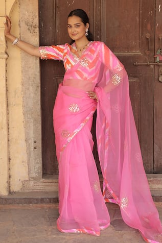 Meher By Islie Hand Embroidered Leheriya Kora Saree Set 