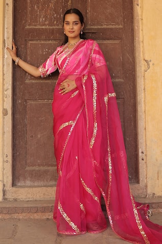 Meher By Islie Hot Pink Hand Embroidered Saree Set 