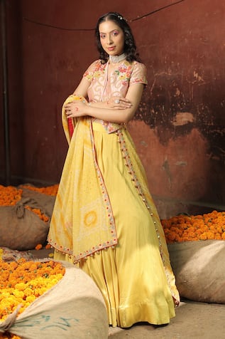 Meher By Islie Peach Mustard Yellow Embroidered Jacket Lehenga Set 