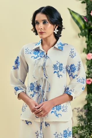 Origani Off White Thread Embroidered Shirt 