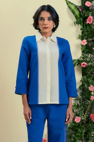 Origani Blue & Off White Thread Embroidered Shirt 