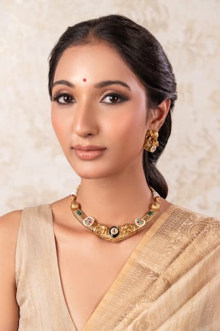Green Brass Gold Plated Choker & Earrings Set 