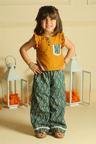 Yellow Top & Green Straight Pant Set 
