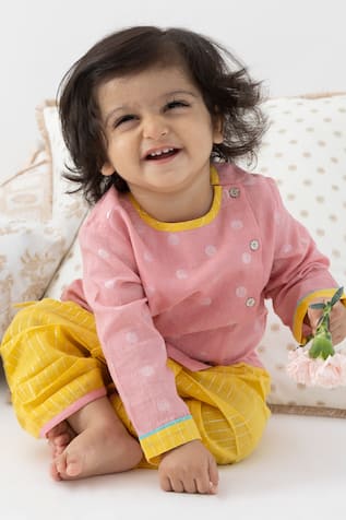 Tiber Taber Pink Cotton Lurex Kurta & Dhoti Pant Set 