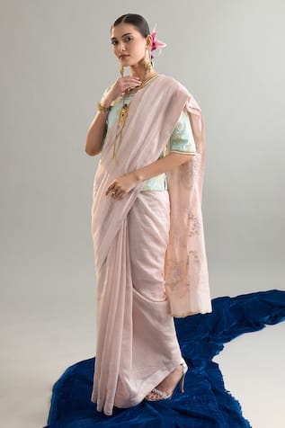 Anantaa By Roohi X AZA Embroidered Pink Saree & Mint Blouse Set 
