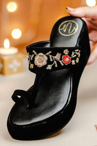 Black Velvet Embellished Wedge Sandals 