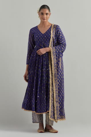 Ikshita Choudhary Blue Block Printed Anarkali Set 