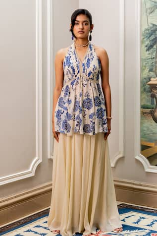 Paulmi And Harsh Blue & Ivory Printed Designer Tunic & Palazzo Set 