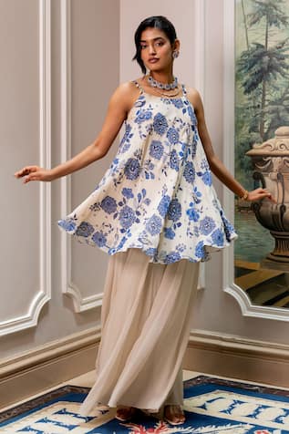 Paulmi And Harsh Blue Floral Tunic & Palazzo Set 