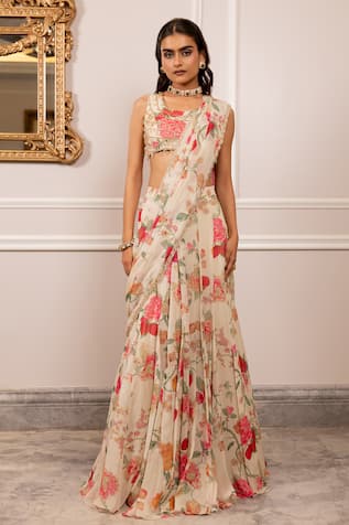 Paulmi And Harsh Floral Print Pre-Draped Saree Set 