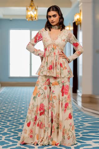 Paulmi And Harsh Floral Print Peplum Tunic & Sharara Set 