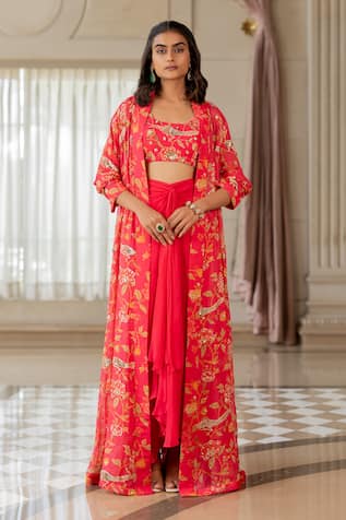 Paulmi And Harsh Floral Print Georgette Jacket Skirt Set 