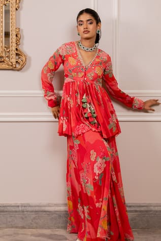 Paulmi And Harsh Floral Printed Peplum Tunic & Palazzo Set 