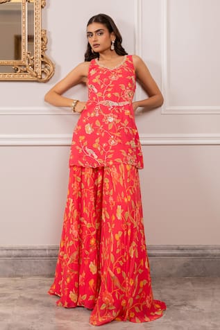 Paulmi And Harsh Pink Floral Printed Kurta & Sharara Set 