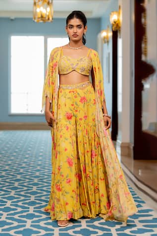 Paulmi And Harsh Floral Printed Yellow Jacket Sharara Set 