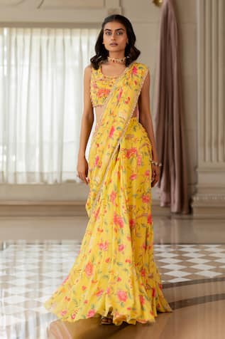 Paulmi And Harsh Floral Print Yellow Pre-Draped Saree Set 