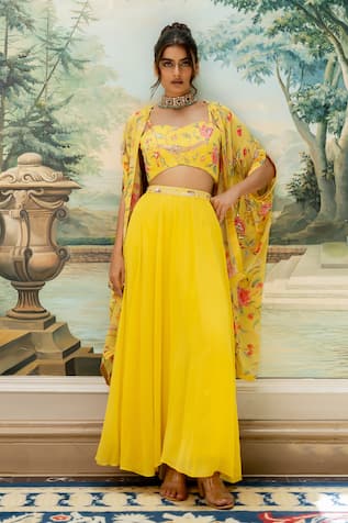 Paulmi And Harsh Floral Printed Yellow Blouse & Palazzo Set 