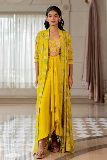 Paulmi And Harsh Yellow Floral Embroidered Jacket Set 