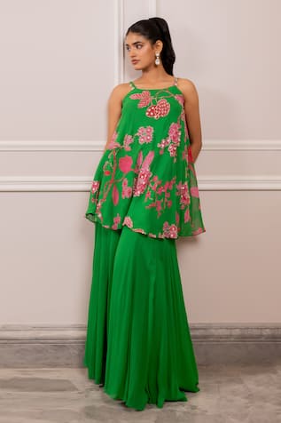 Paulmi And Harsh Floral Printed Green Tunic & Palazzo Set 
