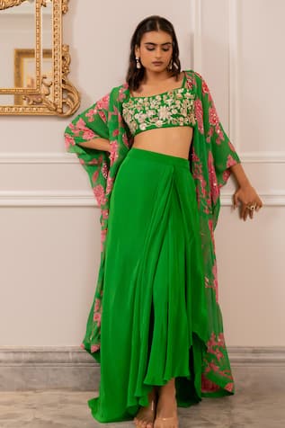 Paulmi And Harsh Green Floral Printed Jacket Set 