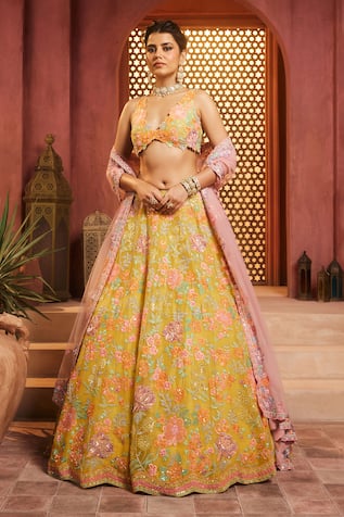 Aneesh Agarwaal Yellow Floral Embroidered Lehenga Set 