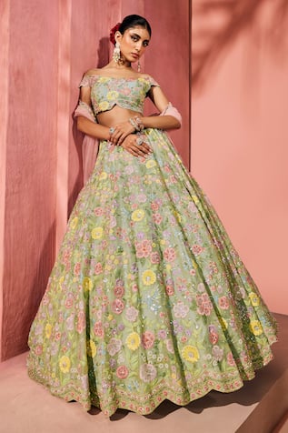 Aneesh Agarwaal Mint Green Floral Embroidered Lehenga Set 
