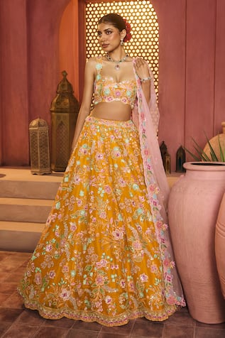 Aneesh Agarwaal Floral Yellow Silk Organza Lehenga Set 