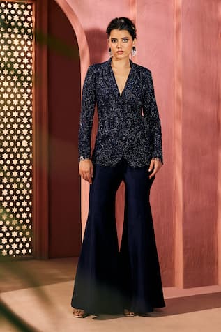 Aneesh Agarwaal Navy Blue Sequin Blazer & Sharara Set 