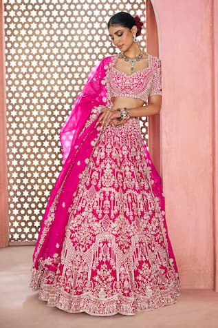 Aneesh Agarwaal Fuschia Silk Organza Lehenga Set 