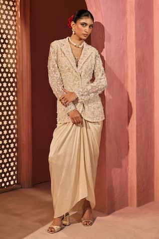 Aneesh Agarwaal Ivory Embroidered Jacket & Draped Skirt 