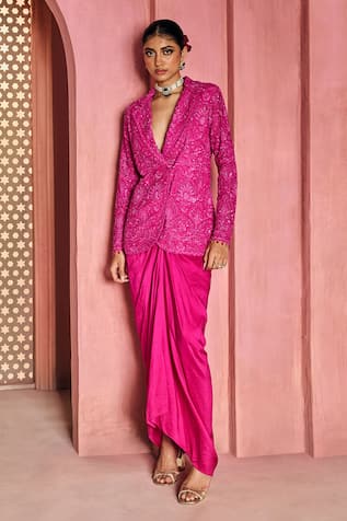 Aneesh Agarwaal Pink Embroidered Jacket & Draped Skirt 