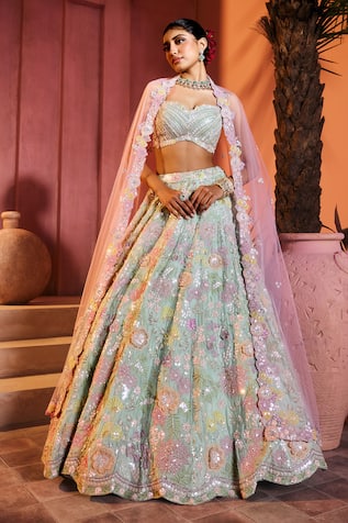 Aneesh Agarwaal Mint Green Embroidered Lehenga Set 
