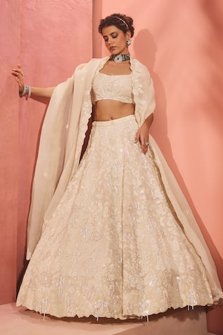 Aneesh Agarwaal Ivory Silk Organza Lehenga Set 