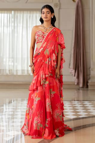 Paulmi And Harsh Floral Print Pre-Draped Saree With Blouse 