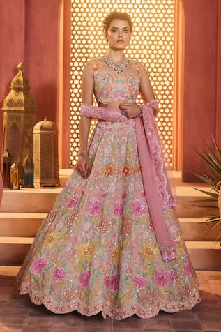 Aneesh Agarwaal Floral Embroidered Silk Organza Lehenga Set 