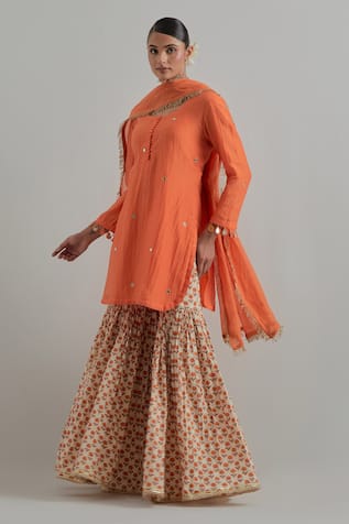 Ikshita Choudhary Orange Block Printed Kurta Gharara Set 