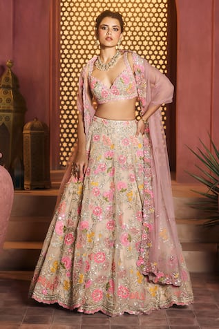 Aneesh Agarwaal Floral Embroidered Silk Lehenga Set 