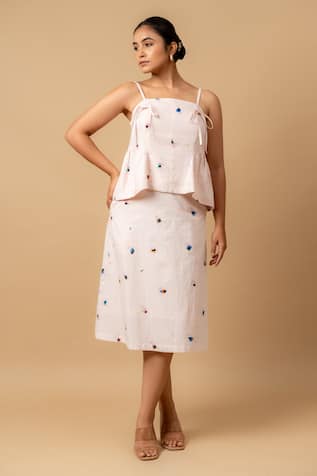 Pink Linen Embroidered Top & Skirt Set 