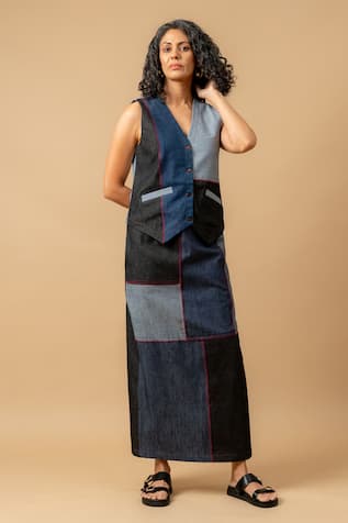Patchwork Denim Waistcoat & Skirt Set 