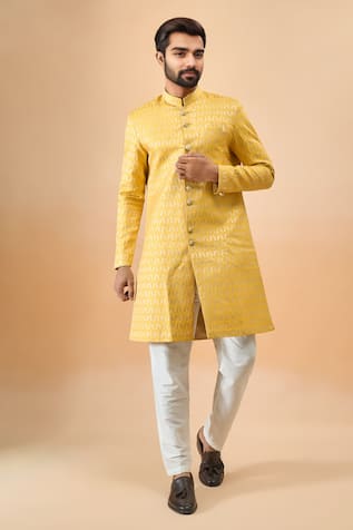 Yellow Jacquard Sherwani & White Pant Set 
