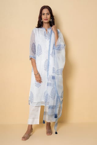 Kameez Porcelain Blue Block Print Suit Set 