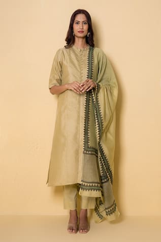 Kameez Pear Green Block Print Chanderi Suit Set 