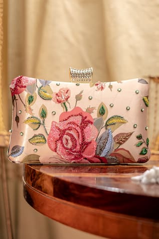 Pink Floral Embroidered Box Clutch 