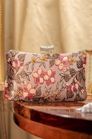 Embellished Pink Box Clutch with Sling Chain 