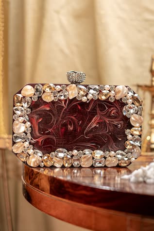 Maroon & White Embellished Box Clutch 