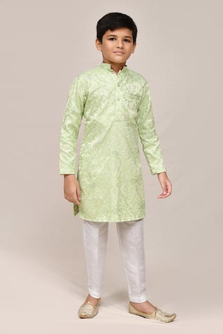 Petite Pomme Pistal Green Kurta & White Pant Set 