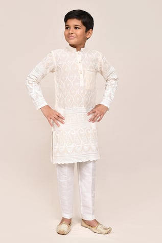 Petite Pomme Cream Thread & Sequins Kurta Pant Set 