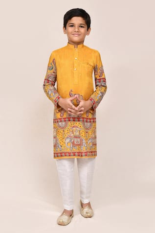 Petite Pomme Yellow Silk Blend Kurta & White Pant Set 